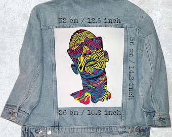 Toppa psichedelica con volto da cucire su giacca, gilet, flanella e tessuto, stile pop art.