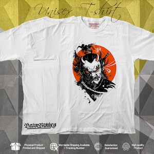 Japanese Oni Demon T-Shirt – Samurai Warrior Art, White Unisex Cotton Graphic Tee
