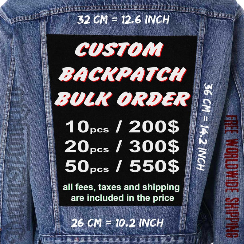 Custom back patch bulk order on denim jacket mockup, large 32x36 cm (12.6x14.2 inch) personalized jacket patch with pricing for 10, 20, and 50 pieces, custom embroidered or printed back patches with free worldwide shipping included, ideal for punk, metal, and band jackets