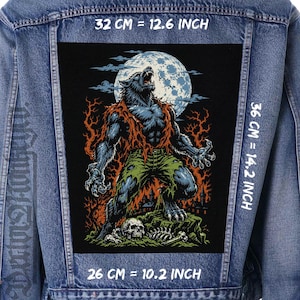May include: A blue denim jacket featuring a large rectangular back patch with a graphic of a werewolf howling at a full moon. The patch measures 12.6 inches by 10.2 inches at the top and bottom, and 14.2 inches along the vertical sides.