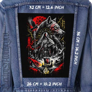 May include: A blue denim jacket featuring a large rectangular back patch with a graphic illustration of a hooded figure, a wolf, and a raven. The patch measures 12.6 inches by 14.2 inches by 10.2 inches, displaying red, yellow, and black colors.