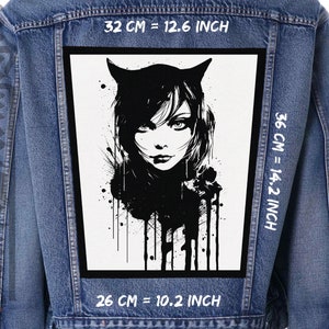 May include: Black and white illustration of a woman with cat ears, with a dripping paint effect. The image is printed on a white patch, which is 32 cm wide, 36 cm tall, and 26 cm deep.