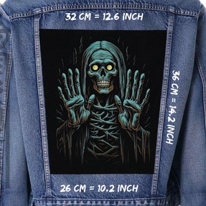 Non merci, Écusson dans le dos, Écusson dans le dos, toile noire, Écusson sur la veste, Démon ardent, Feu de l&#39;enfer, Sorcière, os