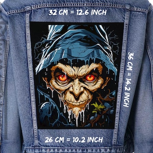 May include: A denim jacket with a black and white patch featuring a scary, dripping, green-skinned creature with red eyes. The patch is 32 cm wide, 36 cm tall, and 26 cm deep.