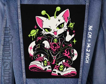 Punk-Alien-Katzen-Rückenaufnäher – Aufnäher aus Canvas zum Aufnähen für Jacken und Westen