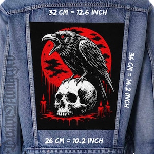 May include: A black raven with red eyes perched on a white skull, set against a red full moon. The patch is 12.6 inches wide, 14.2 inches tall, and 10.2 inches long. The design is on a denim jacket.