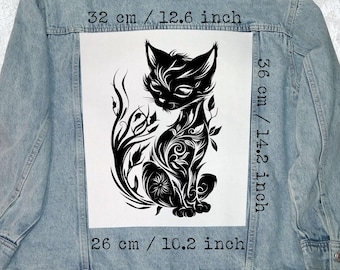 Toppa tribale a forma di gatto da cucire sulla schiena / Giacca di jeans/gilet in flanella con gatto nero floreale