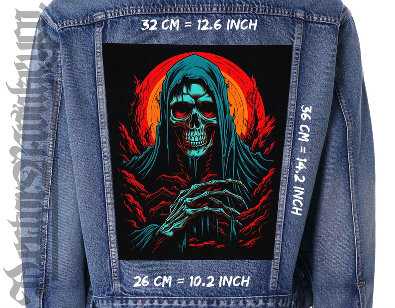 May include: A denim jacket with a large, rectangular patch featuring a grim reaper design. The artwork includes a skull with red eyes, a teal hooded cloak, and a red and orange background. The patch measures 12.6 inches wide by 14.2 inches high.