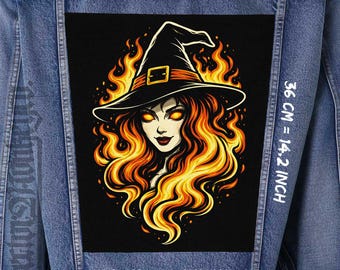 Toppa da schiena con strega fiammeggiante da cucire su giacca, gilet in tela e flanella