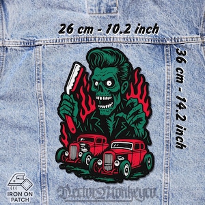 Hot Rod Skull Back Patch Iron On – Large Canvas Cut Patch Psychobilly Rockabilly