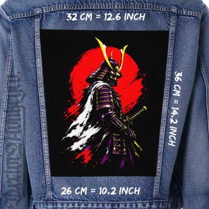 May include: A denim jacket with a large, rectangular patch featuring a samurai warrior illustration. The warrior is depicted in purple and black armor with a yellow helmet, set against a red sun. The patch measures 12.6 inches wide, 14.2 inches high, and 10.2 inches long.