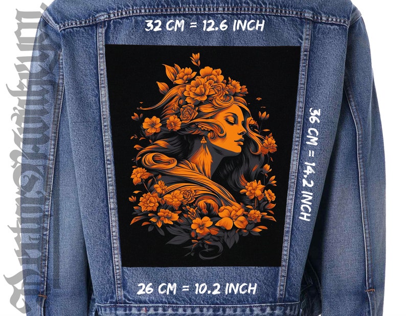 May include: A denim jacket with a large, black patch featuring a woman's profile surrounded by orange flowers. The patch measures 12.6 inches wide and 14.2 inches tall. The jacket's patch has the dimensions of 10.2 inches wide and 14.2 inches tall.