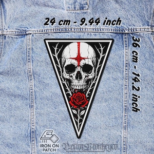 Parche termoadhesivo de calavera y rosa / Parche triangular de lona para la espalda de chaquetas y chalecos de franela