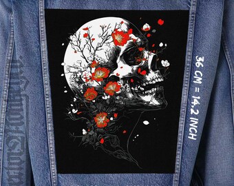 Cherry Blossom Skull Canvas Backpatch for Jacket, Vest & Flannel – Gothic Floral Art Patch