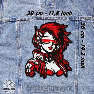 May include: An iron-on patch with a striking design of a woman with red hair, a visor, and a cigarette. The patch measures 30 cm wide and 36 cm tall. The text "IRON ON PATCH" is displayed on the patch.
