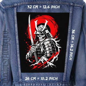 May include: A denim jacket with a large black patch featuring a white and red illustration of a samurai skeleton holding a sword. The patch measures 12.6 inches by 14.2 inches and 10.2 inches.