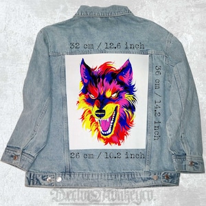 May include: A denim jacket with a colorful wolf graphic patch on the back. The patch measures 14.2 inches by 10.2 inches.