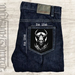 Baphomet,Pocket patch,Denim jeans,Cotton canvas,Photo patch for jeans,Sew On,Satan,Devil,Horns