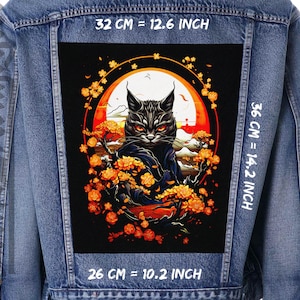 Cherry Blossom Cat,Back patch,Backpatch,black canvas,Jacket patch,Japanese Kimono-Styled Cat