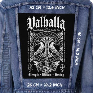 May include: A black rectangular fabric patch featuring white Norse-inspired graphics of ravens, a tree, and a hammer, with the text Valhalla, Honor The Gods, Live By Fate, Strength, Wisdom, Destiny. Dimensions are 12.6 inches by 14.2 inches by 10.2 inches.