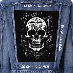 May include: A black and white skull graphic with a star on its forehead, surrounded by geometric shapes and stars. The graphic is on a black background and is 12.6 inches wide, 14.2 inches tall, and 10.2 inches deep.