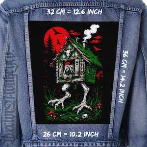 May include: A blue denim jacket featuring a large rectangular back patch with a graphic of a hut on chicken legs. The patch measures 12.6 inches by 14.2 inches, with a width of 10.2 inches at the base. The print shows a witch in a hut under a red moon.