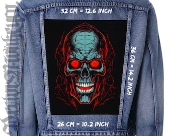 May include: A blue denim jacket with a black skull patch. The skull is outlined in red and has red eyes. The patch is 12.6 inches wide, 14.2 inches tall, and 10.2 inches deep.