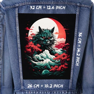 Cat in cherry tree and waves,Back patch,Backpatch,black canvas,Jacket patch,Japanese Cat Lovers