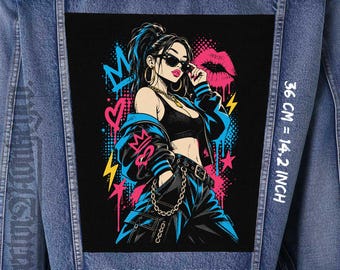Punk Girl Rückenaufnäher, großer Aufnäher zum Aufnähen auf Canvas-Jacken und -Westen, 36 x 32 x 26 cm