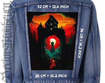 モンスターハウス バックパッチ：ホラー ブラック キャンバス ジャケット ベスト パッチ