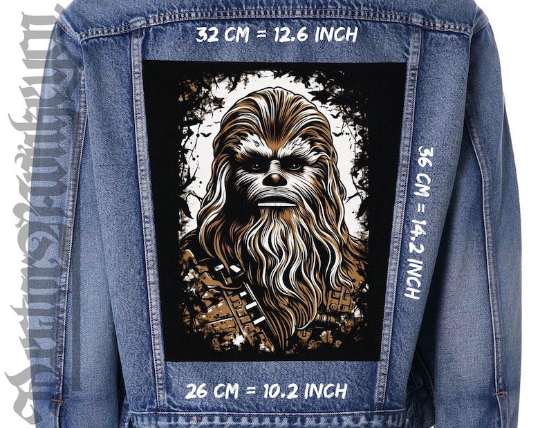 May include: A denim jacket with a large, black and brown patch featuring a detailed illustration of Chewbacca from Star Wars. The patch is 32 cm wide, 36 cm tall, and 26 cm deep.