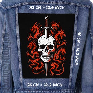 May include: Black patch with a white skull pierced by a sword, surrounded by red dragon illustrations. The patch is 12.6 inches wide, 14.2 inches tall, and 10.2 inches long. The patch is on a denim jacket.