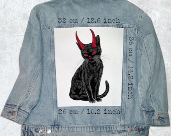 Demonisk svart katt Canvas-ryggpatch: Gotisk jacka-väst-patch