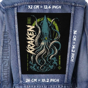 May include: A blue denim jacket featuring a large rectangular back patch with a graphic of a blue and green kraken. The text reads KRAKEN, RISE FROM THE ABYSS, and Japanese characters. Dimensions are 32 cm by 26 cm wide and 36 cm tall, or 12.6 by 10.2 inches wide and 14.2 inches tall.