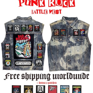 May include: A blue acid-wash denim vest featuring numerous band patches on the back and front, including a large Bad Religion Suffer back patch. The text PUNK ROCK BATTLE VEST is at the top, and six additional loose patches are displayed below.