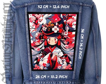 Japanischer Kirschblüten Mädchen Backpatch – Anime inspirierter Rückenaufnäher für Jacken, Westen und Flanells