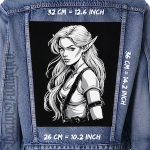 May include: A denim jacket with a large black and white patch featuring a fantasy woman with pointed ears. The patch measures 32 cm wide, 36 cm tall, and 26 cm long.