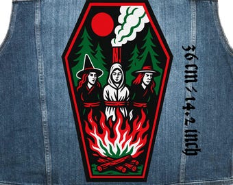 Witch Trial Coffin Back Patch: Burning Witches Canvas Sew-On (36x22 cm)