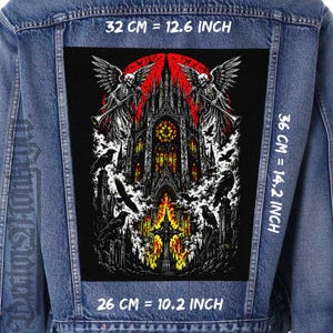 May include: A blue denim jacket featuring a large rectangular back patch with a gothic cathedral illustration, winged skeletons, and ravens. The patch measures 12.6 inches wide by 14.2 inches high, with a 10.2 inch base width, printed in red, black, and yellow.