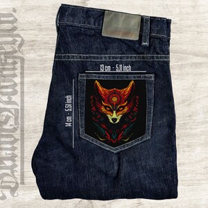 May include: A dark blue denim jean pocket with a colorful fox head patch. The patch is 5.11 inches wide and 5.51 inches tall.
