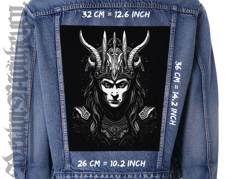 May include: A black and white illustration of a horned figure wearing a crown and armor. The image is printed on a black patch and sewn onto a blue denim jacket. The patch measures 12.6 inches wide by 14.2 inches tall.