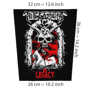 May include: A black fabric patch featuring the Testament band logo and The Legacy text in red. The graphic depicts a horned skull with a long tongue emerging from an open book within a stone archway. Dimensions are 12.6 inches by 10.2 inches by 14.2 inches.
