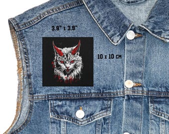 Hell Cat Square Patch Sew On for Jacket Vest Flannel 10x10 cm