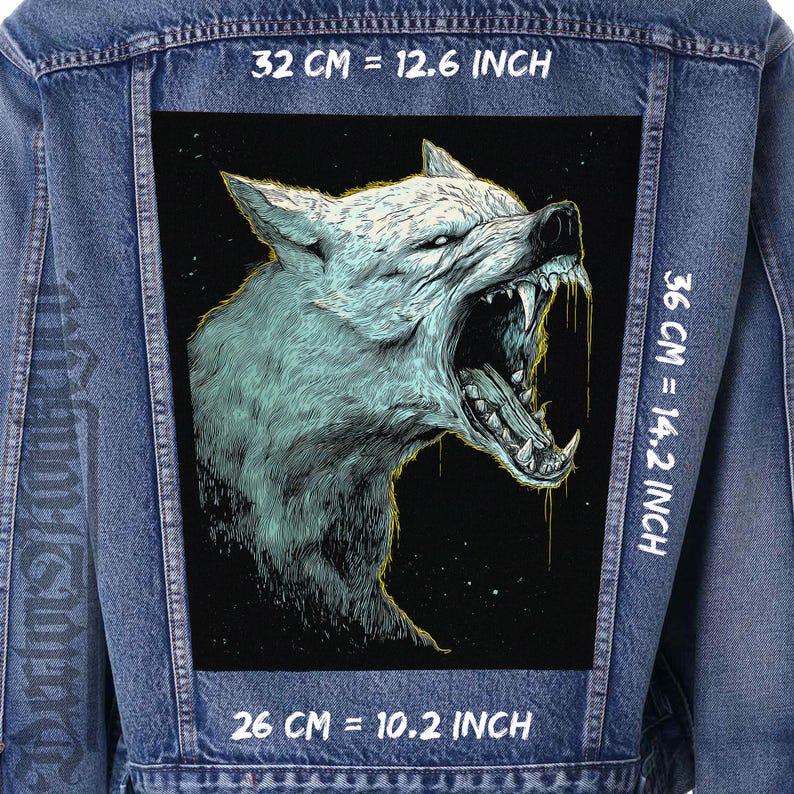 Large howling wolf canvas back patch (36x26 cm / 32 cm top width). Durable sew-on design for jackets, vests & flannels. Bold dark streetwear, biker & gothic style statement piece.