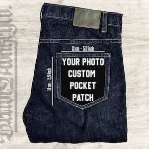 Écusson de poche personnalisé, Jean en denim, Toile de coton, Écusson pour jean, À coudre, Votre photo, Tenue, Unisexe