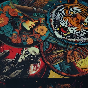 May include: Five round, colourful patches with various designs. The patches feature a woman with flowers, a tiger, a Native American, a vampire, and a cityscape.
