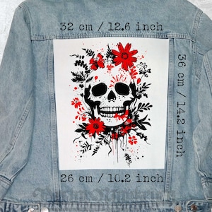 Floral Skull Canvas Back Patch with Red Flowers for Jacket, Vest & Flannel