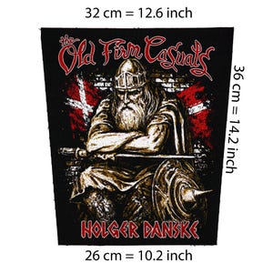 May include: Black patch, 12.6 inches wide by 14.2 inches tall, featuring a Viking warrior with a shield and sword. The text "the Old Firm Casuals" is in red script above the warrior. The text "HOLGER DANSKE" is below the warrior.