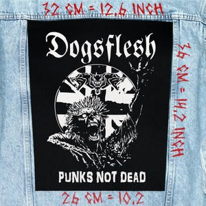 Può includere: Una toppa nera con la scritta "Dogsflesh" e "PUNKS NOT DEAD" in bianco. La toppa presenta un'illustrazione dettagliata di una figura urlante. La toppa misura 32 cm di larghezza e 36 cm di altezza.