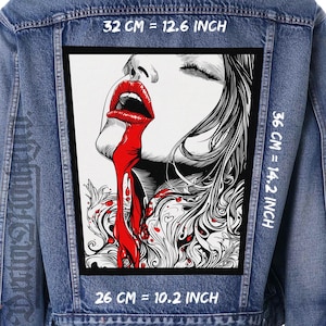 May include: A denim jacket with a large, rectangular patch featuring a black and white illustration of a woman's face with red lips and a red liquid flowing down. The patch measures 12.6 inches wide, 14.2 inches high, and 10.2 inches long.